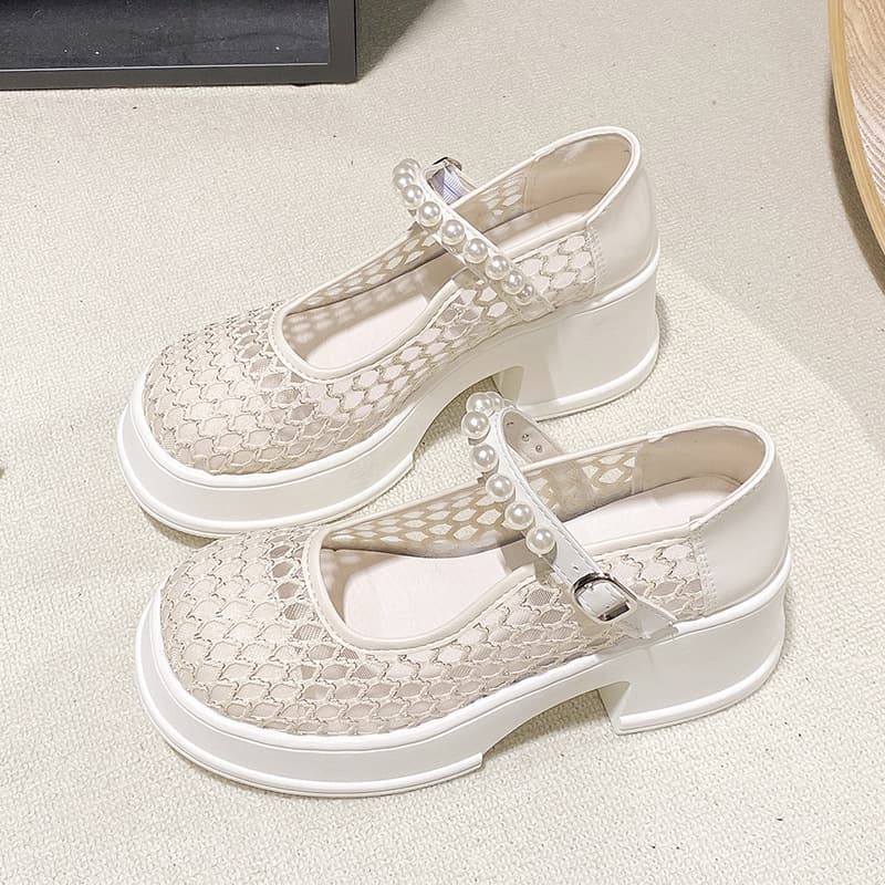 European Station Mesh Mary Jane Shoes for Women 2025 Summer New Fashion Hollow Breathable Shallow Thick-Soled Closed-Toe Sandals