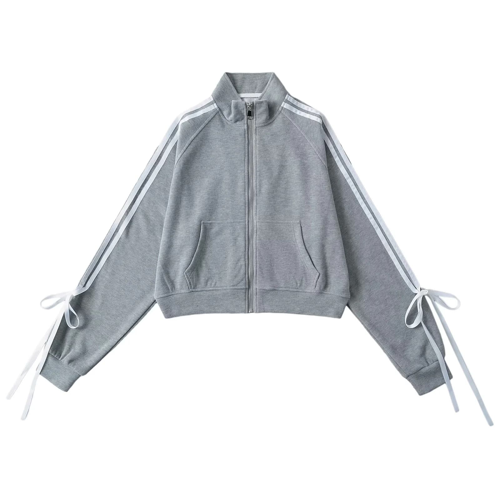 2024 spring European and American style side bow coat sweater women's loose slimming stand collar high waist small top