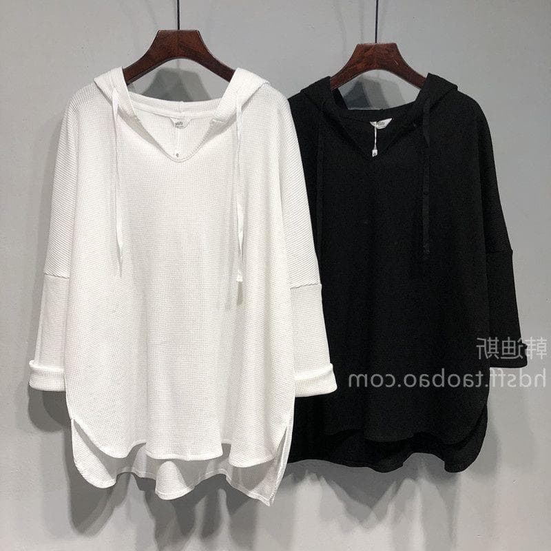 New Spring Waffle Pattern Women's Top (200-300 lbs) - Plus Size, Loose Fit, Slimming, Mid-Length, V-Neck, Long Sleeve, Versatile Base Layer