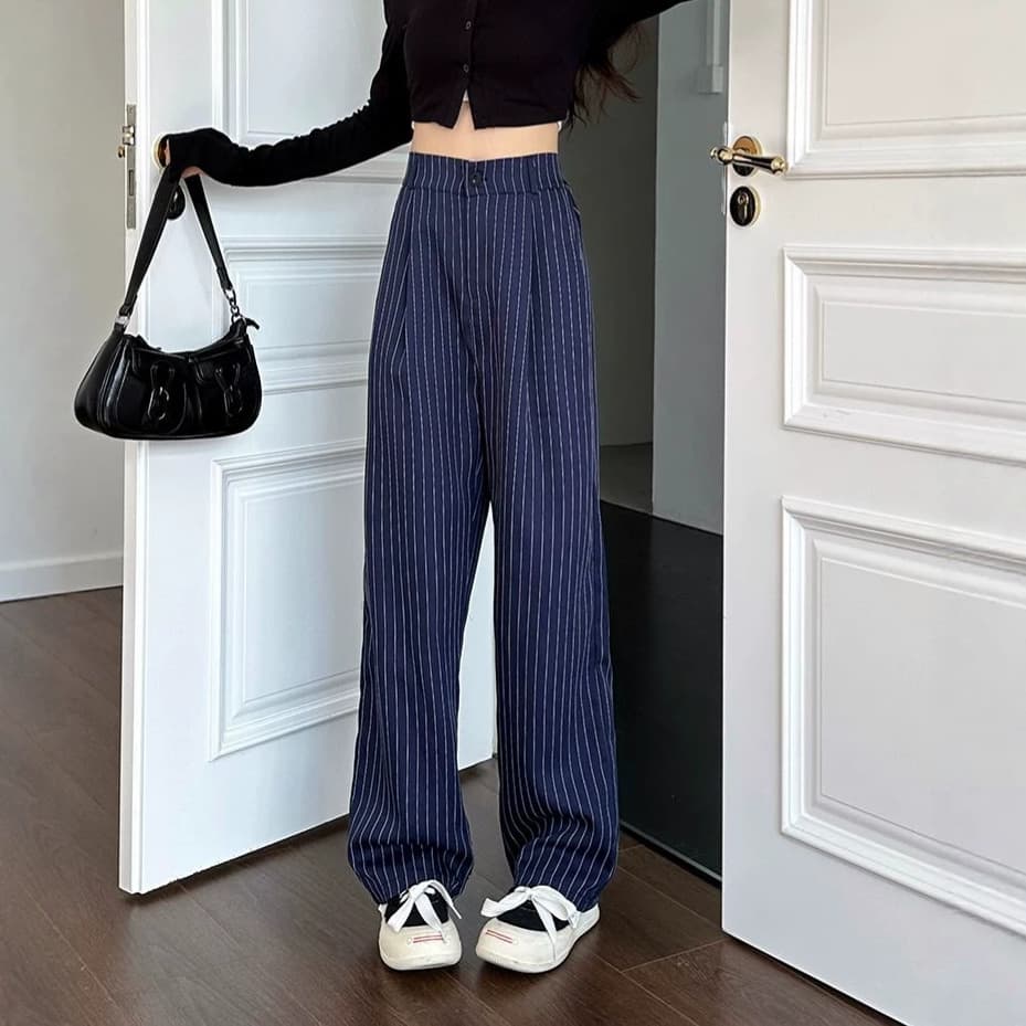 Navy blue striped wide-leg trousers for women, autumn and winter new cross-border style, loose and casual trousers, long pants with a flowing drape.