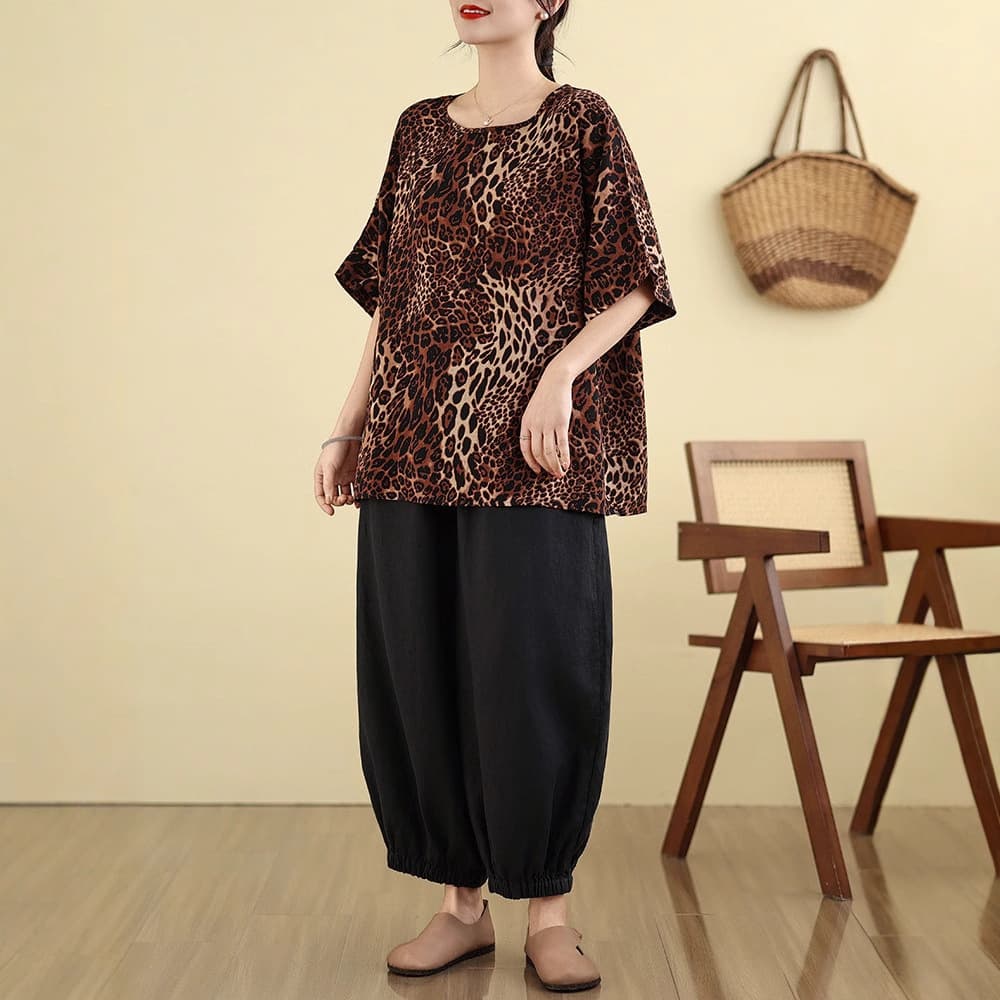 Plus Size Cotton Retro Leopard Print Batwing Top for Women, Summer Short Sleeve Loose T-Shirt, Slimming Base Layer