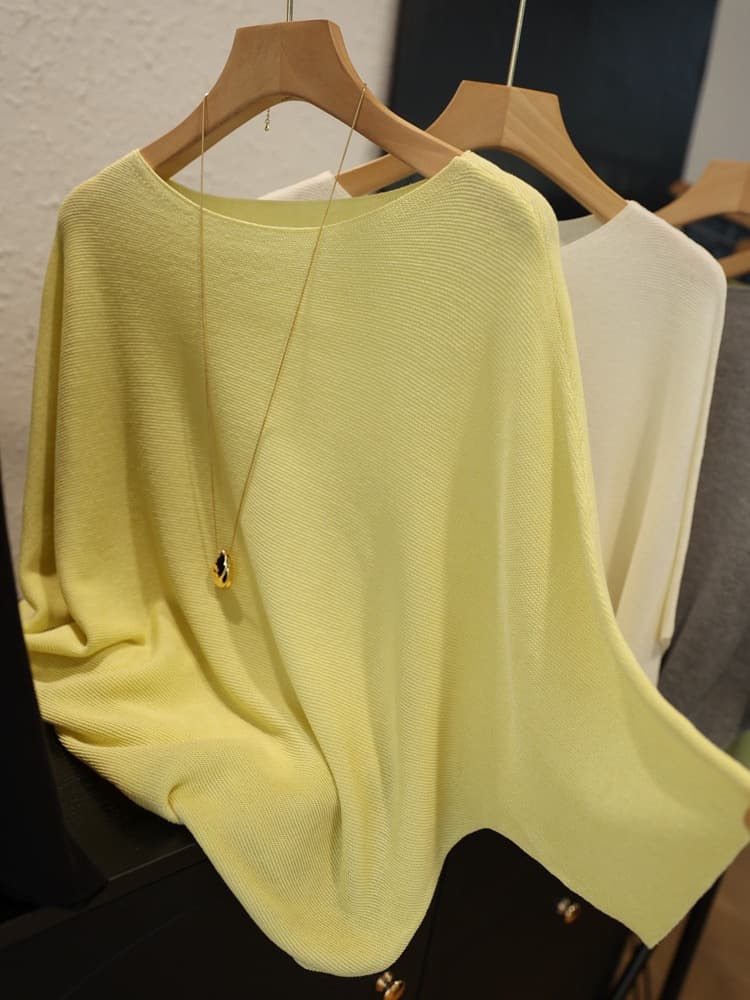 Flattering Linen Lyocell Slimming One-Shoulder Loose Drop-Shoulder Batwing Sleeve Knit Pullover Top for Women Summer