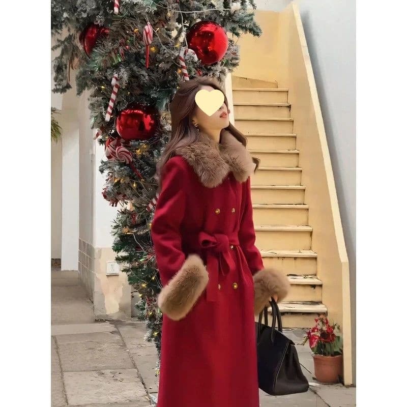New Product, New Arrival: Korean-Style High-End and Atmospheric New Year Outfit, Thickened Version, 2025 Autumn/Winter Collection, Mid-Length, Double-Breasted