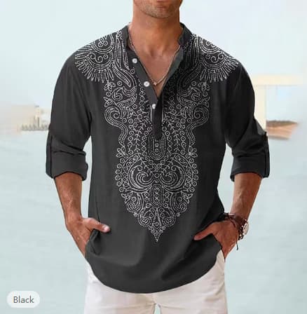New summer printed shirt with Hawaiian stand collar, long-sleeved, beach casual style, available for dropshipping on multiple platforms and cross-border e-commerce.
