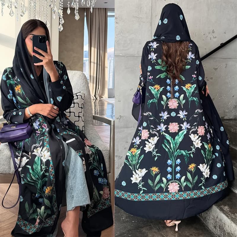 MQ236 Fashion New Cross-Border Women Print with Headscarf Casual Cardigan Swing Jacket Two Piece Set