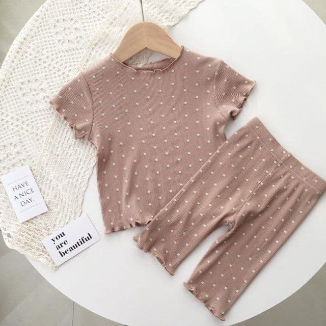 Korean style spring/autumn/summer baby polka dot loungewear/pajamas for girls, long-sleeved two-piece summer set.