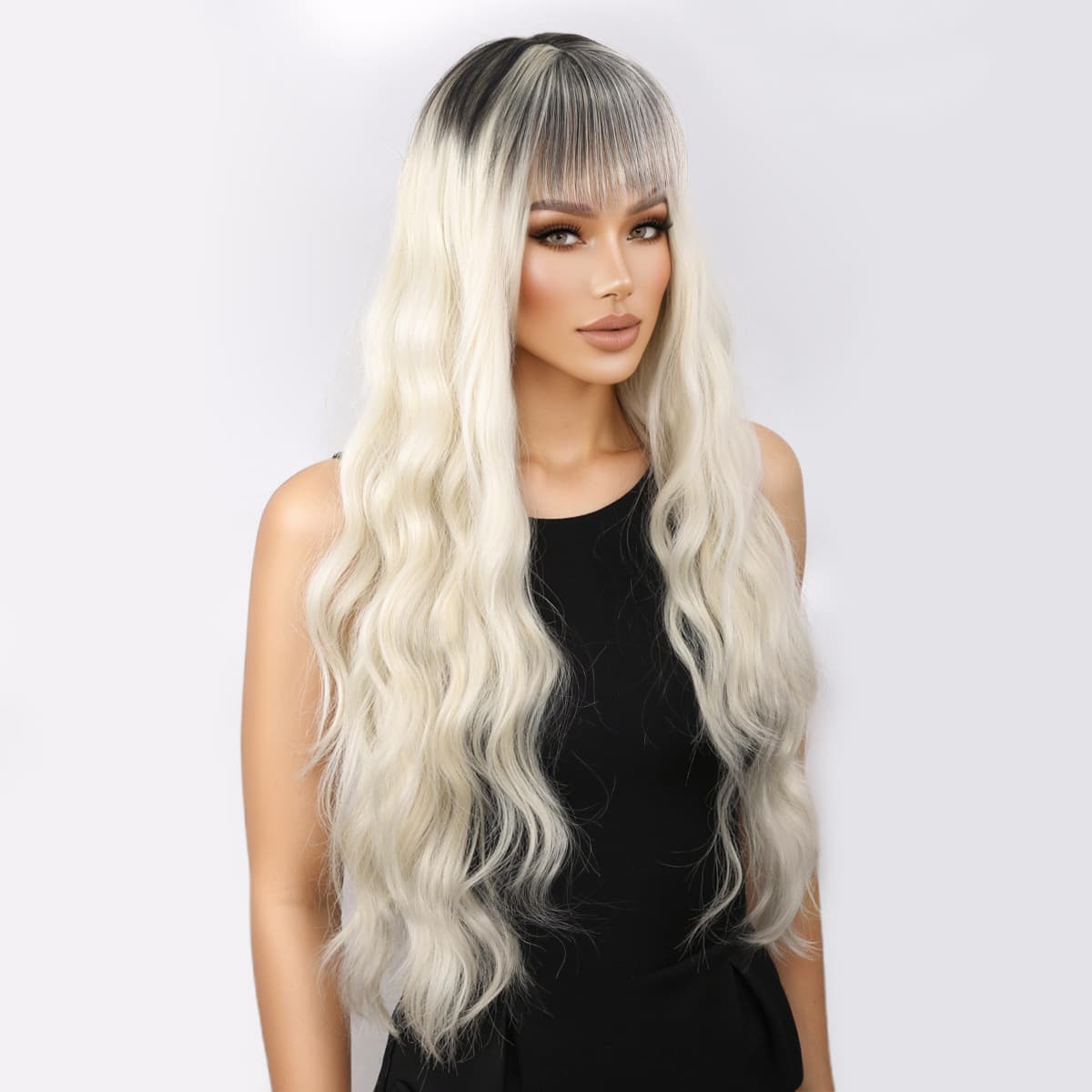 Popular European and American style women's wigs with brown highlights, long wavy hair, and realistic curls; made of synthetic fibers.