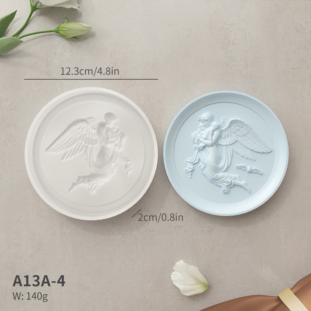 European 3D Angel Gypsum Relief Round Tray Mold Epoxy Resin Gypsum Cement Storage Tray Silicone Mold
