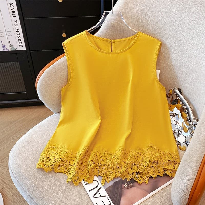 Yellow Tencel Linen Sleeveless Vest Top Women Summer New Design Back Bow Lace Trim Shirt
