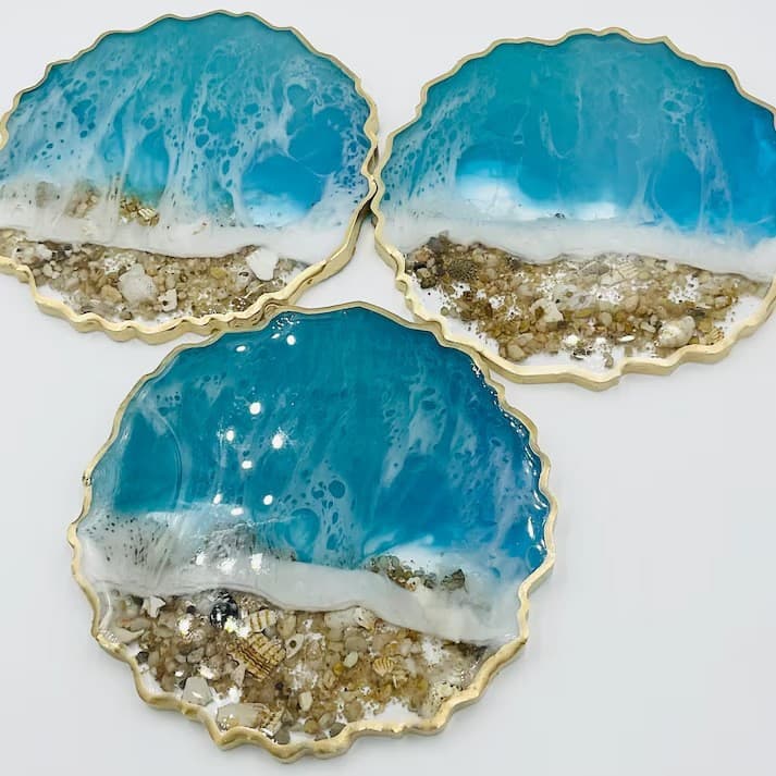 Source factory gold-edged marine epoxy resin coasters, sand and wave resin heat insulation pads, desktop decorative cup holders