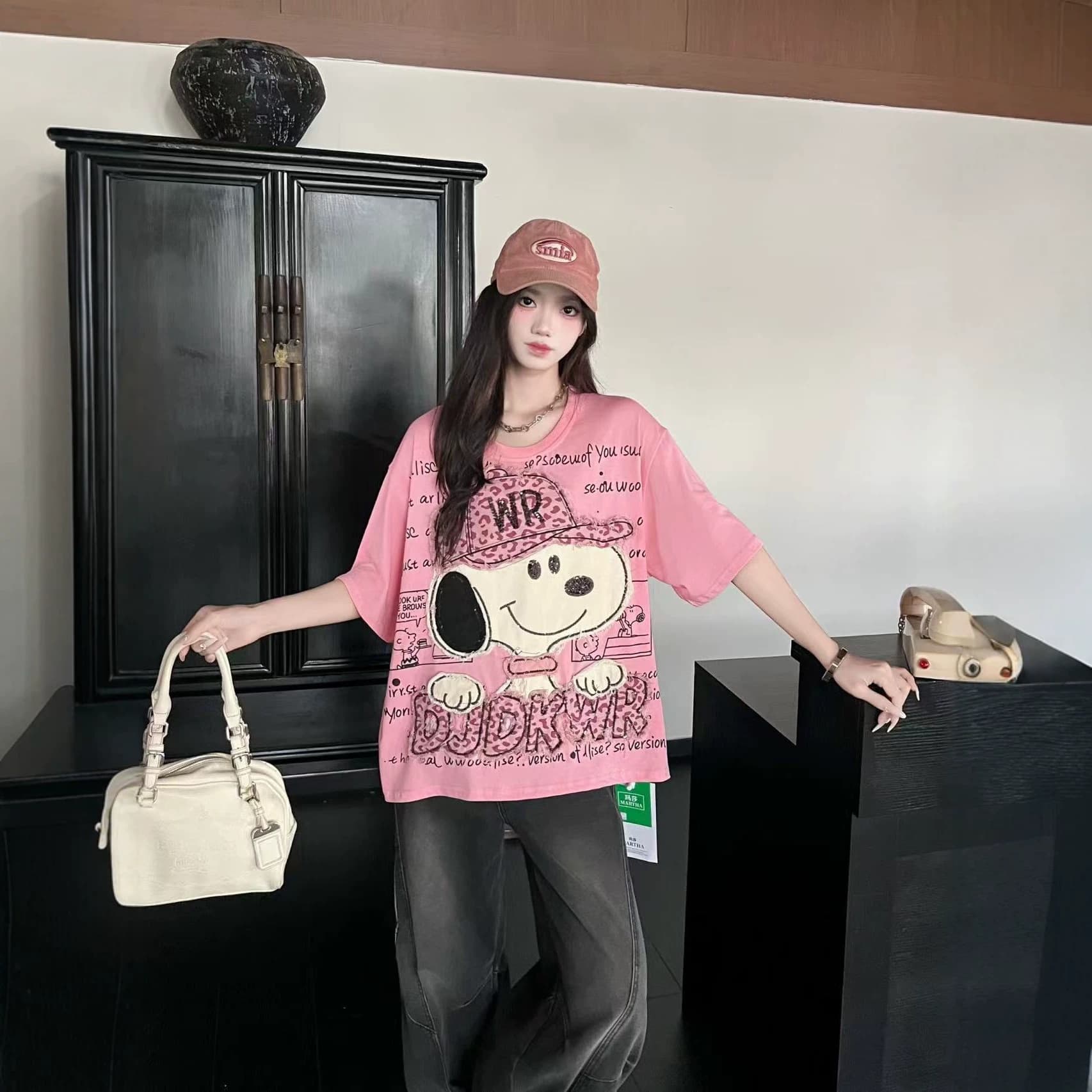 Trendy Brand New Heavy-Duty Printed Stitch Cartoon Youthful Mid-Length Loose Short-Sleeve T-Shirt Top