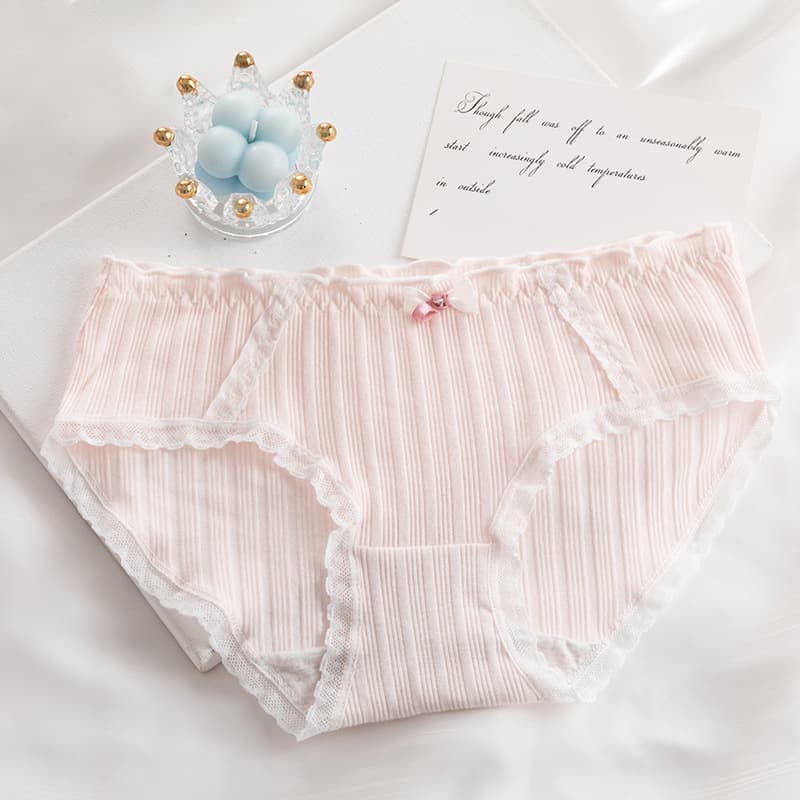 Japanese-Style Bow Lace Trim Floral Ribbed Panties for Women, Pure Cotton Crotch, Mid-Waist, Hip-Hugging, for Young Girls and Students, Triangle Briefs