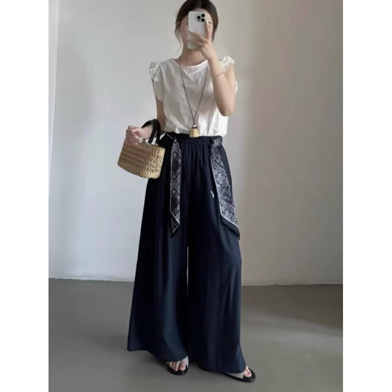 Tencel Linen Women's Summer Thin Old Money Style Cotton Linen Casual Long Pants Lazy Drape Loose Wide Leg Skirt Pants