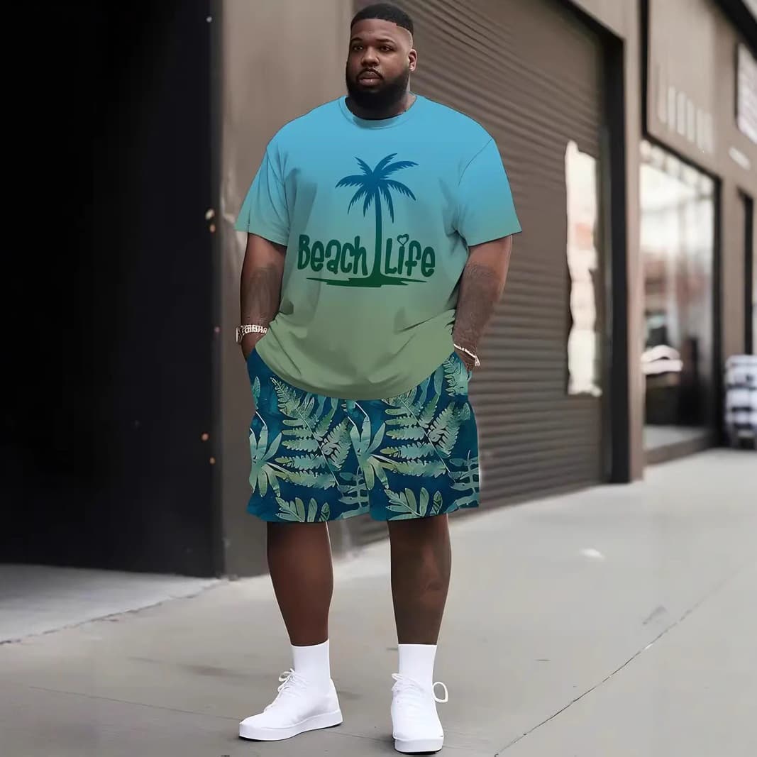 Amazon Cross-Border European and American Fashion T-Shirt and Shorts Set Coconut Tree 3D Digital Print Casual Beach Shorts Set