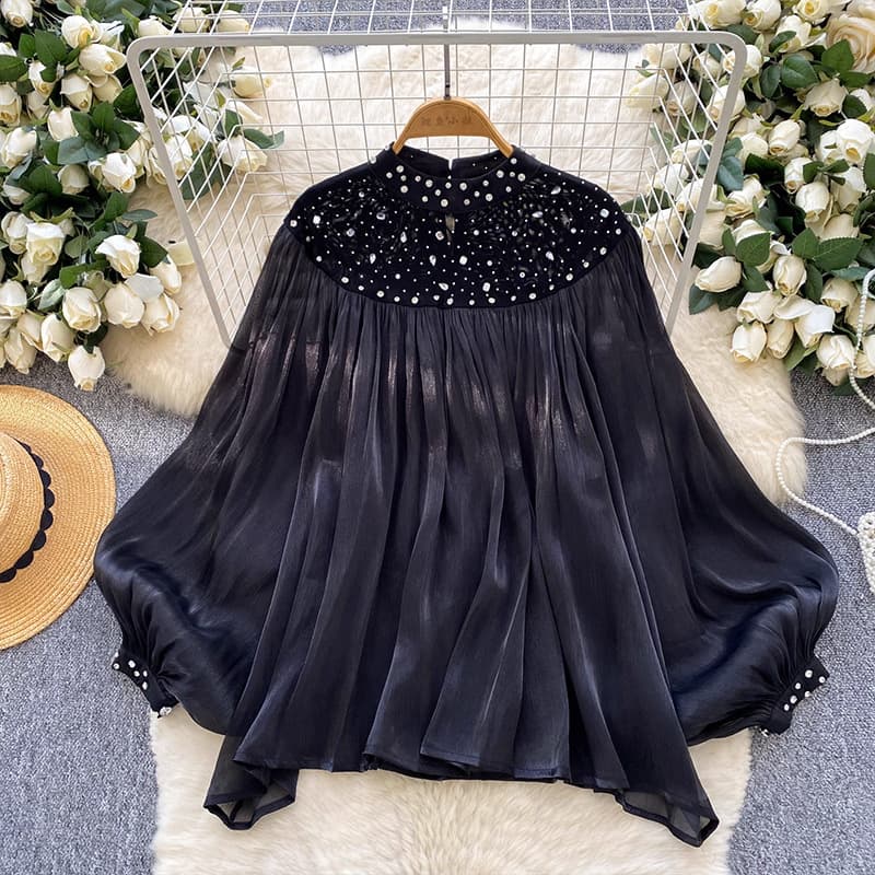 Palace Style Premium Beaded Lantern Sleeve Tulle Blouse, Women's Loose Top
