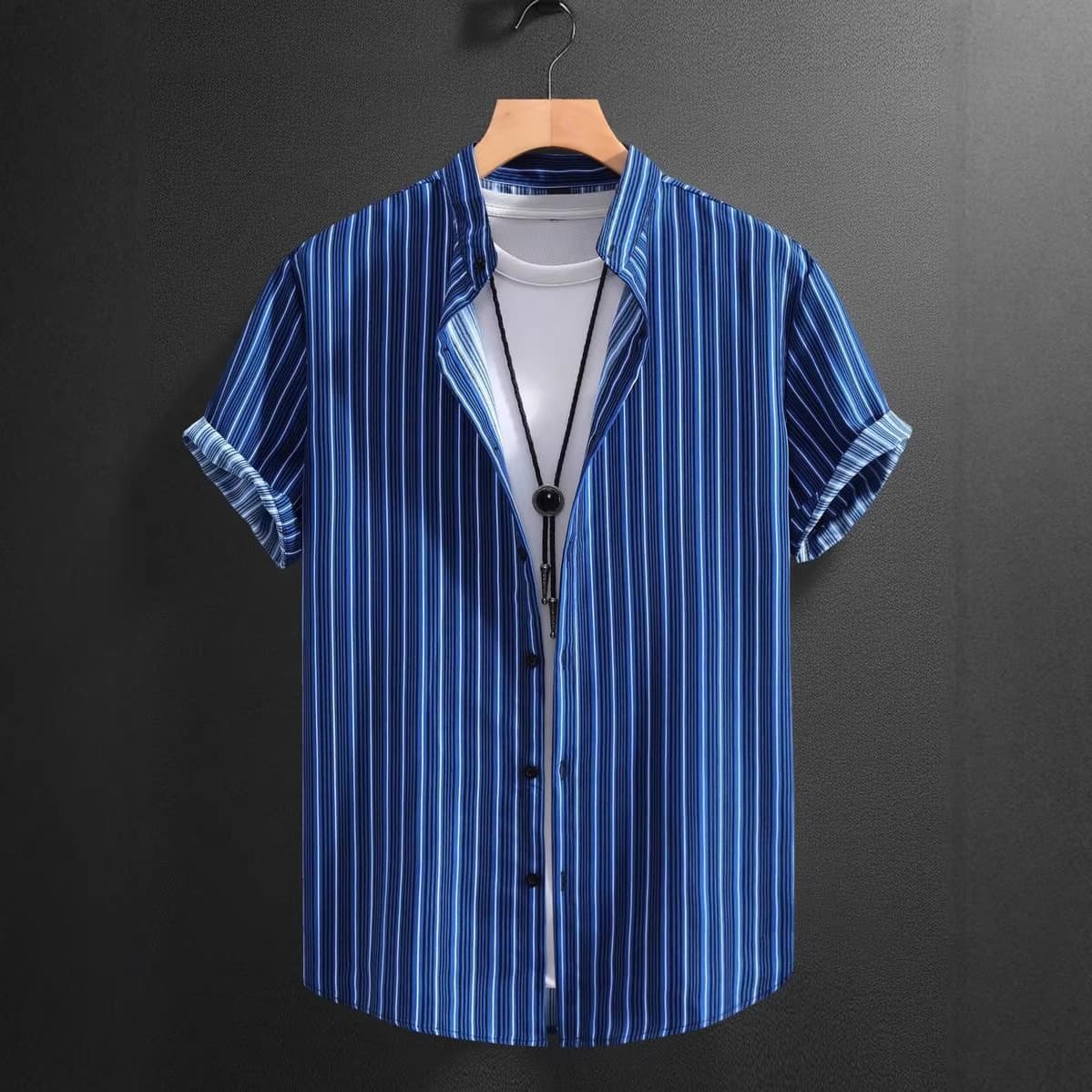Men's Summer Red, White, and Black Vertical Striped Stand-Up Collar Short-Sleeved Shirt Casual Top
