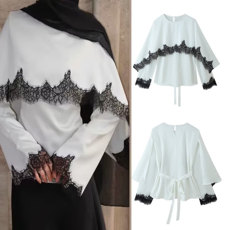 European American Casual Lace Vintage Design Tie-Front Cross-Border Top - Simple Long Sleeve