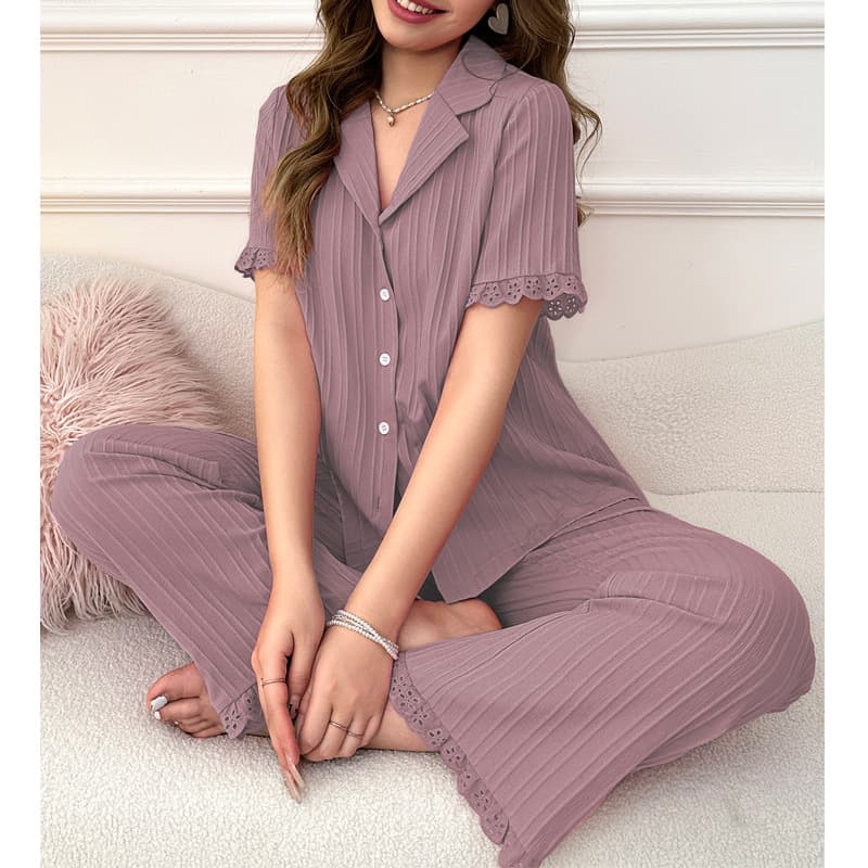 European and American style collared cardigan pajamas for women, new spring and summer style, high-end wave stripe sweet lace loungewear two-piece set