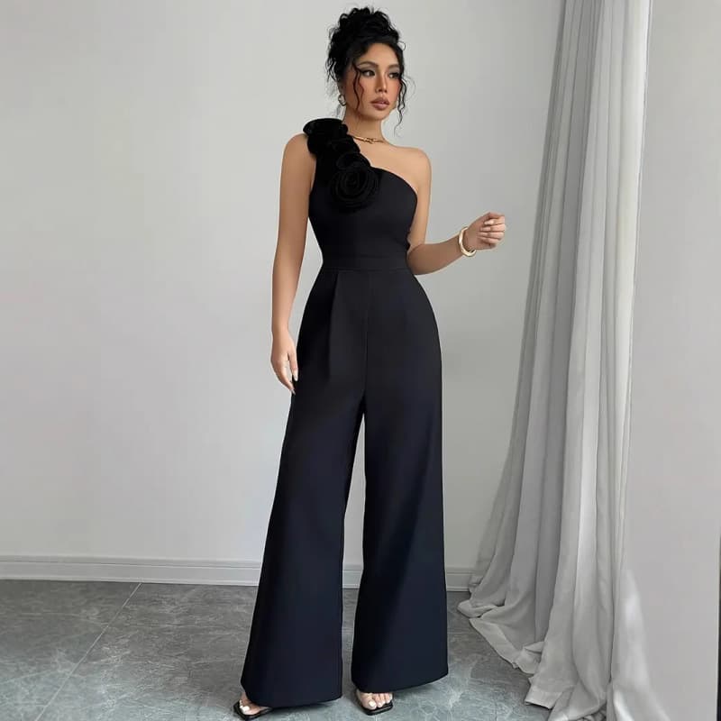 New European and American style 3D floral design pleated slim-fit solid color jumpsuit with one shoulder for elegant style