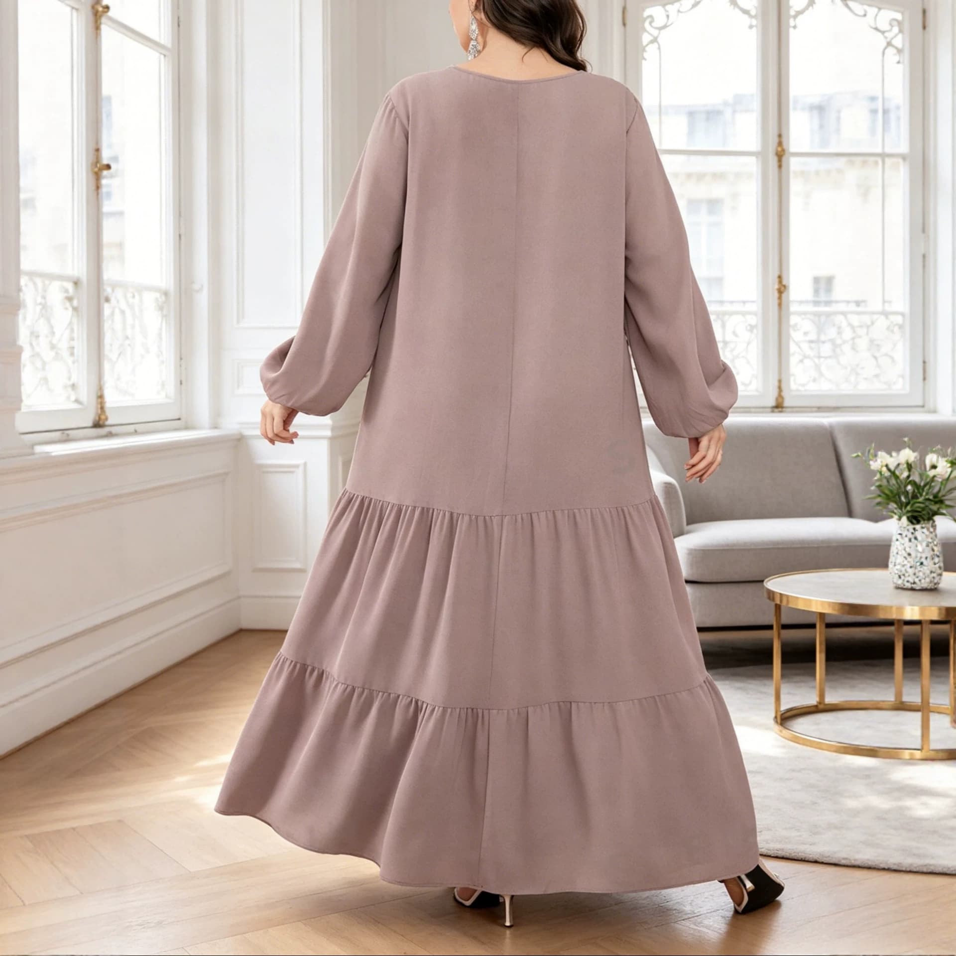 Plus Size Women's V-Neck Button Layered Long Dress with Lantern Sleeves, Soft and Elegant Loose Fit Maxi Dress