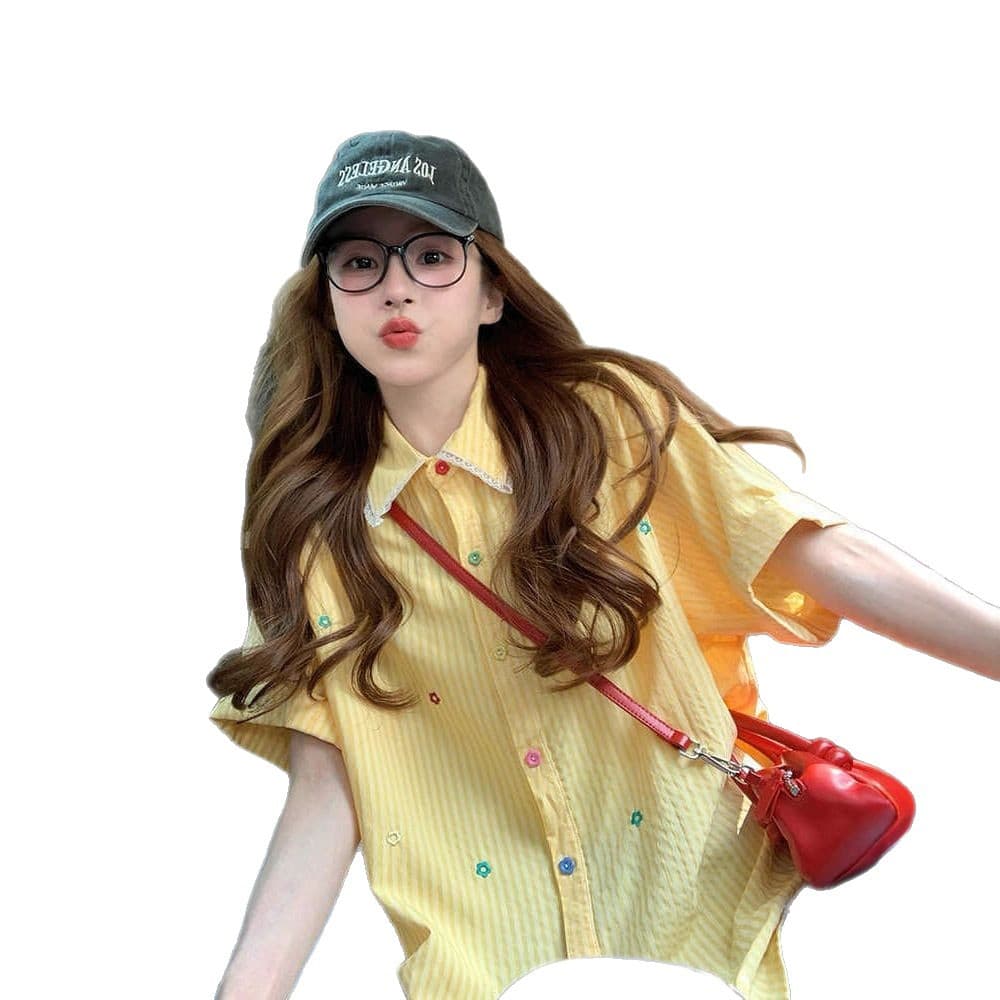 Unique Dopamine Floral Embroidered Blouse for Women Chic Hong Kong Style Retro Striped Fashion Loose Polo Collar Top Trendy