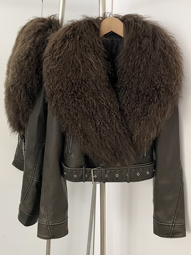 Women's leather jacket, European and American style, cross-border foreign trade best-selling, oversized fur collar fur coat, short fashion leather jacket.