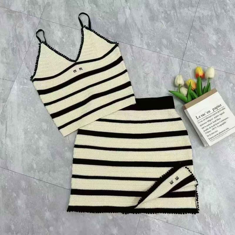 Miu-Style High-Quality Vacation Short Handmade Crochet Vest, Pencil Skirt, Short Sleeve Set
