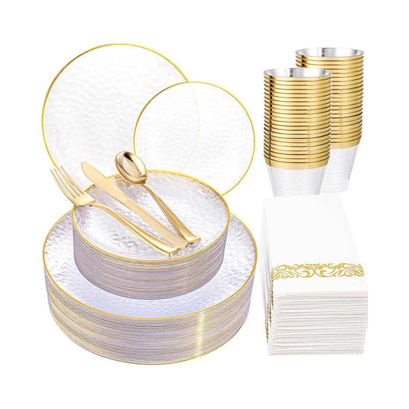 New Plastic Cutlery Set 175 Pieces: Transparent Gold Plastic Plates, Disposable Dessert Plates for Thanksgiving Parties and Cakes