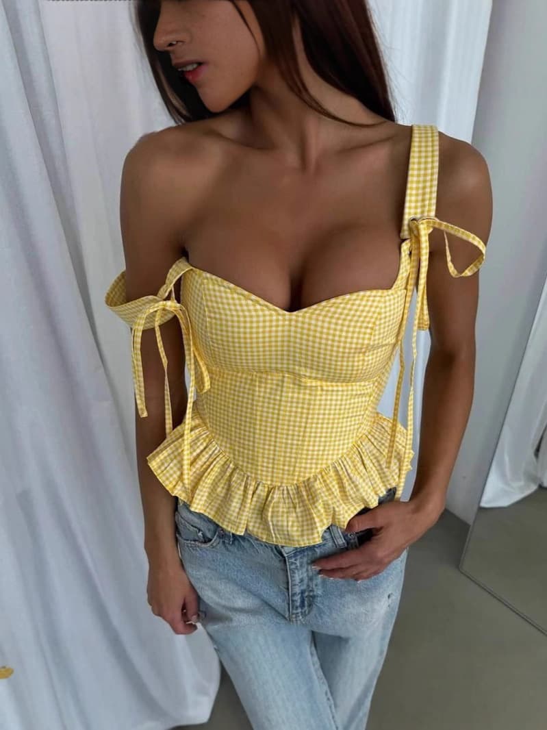 New European and American cross-border style slim fit ruffled plaid camisole sexy tie-waist fishbone camisole summer top