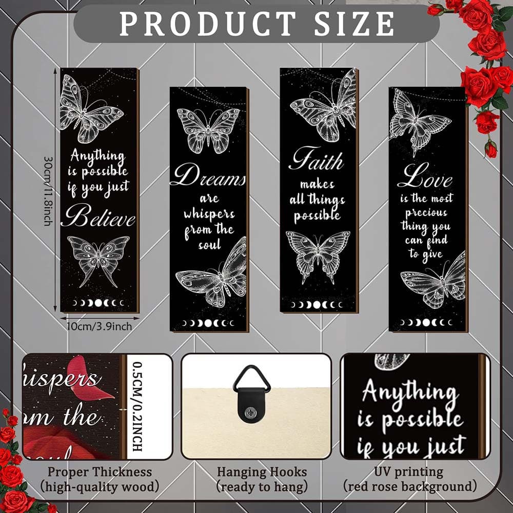 Cross-border 4-Piece Rectangular Gothic Wall Decor Black Minimalist Wooden Sign Bathroom Bedroom Decoration
