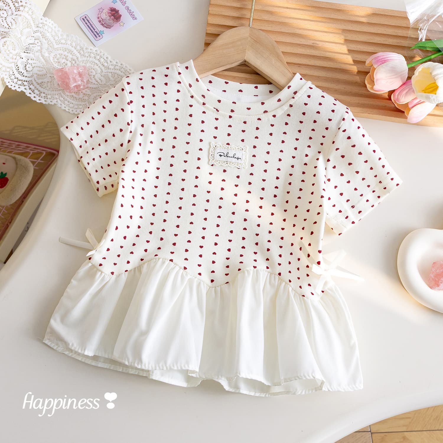 Girls Summer Korean Style Short Sleeve T-Shirt with Fashionable Heart Print Lace Trim Half Sleeve Top for Girls Summer Clothing