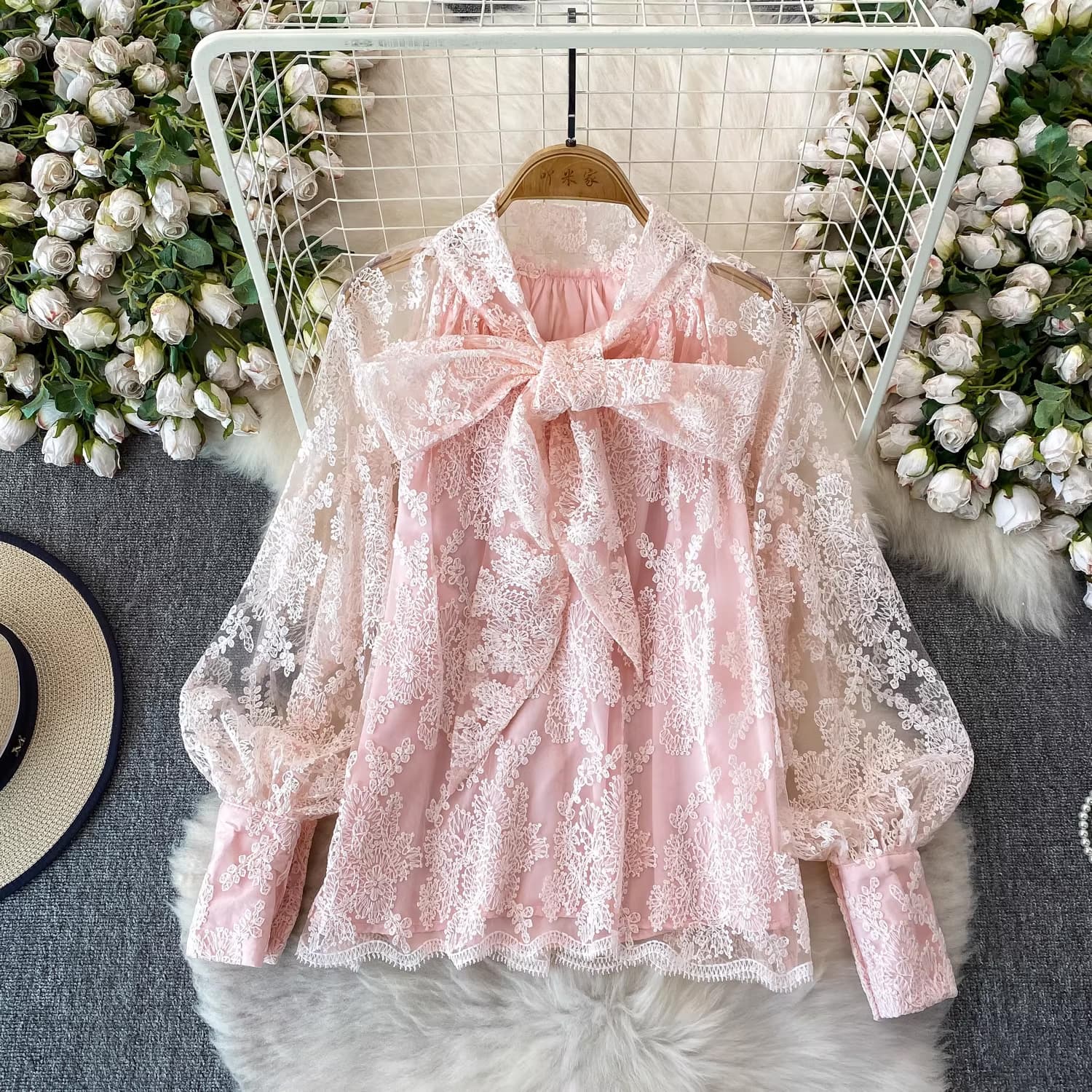 French Style Lace Bow V-Neck Lantern Sleeve Shirt Women Sweet Casual Top