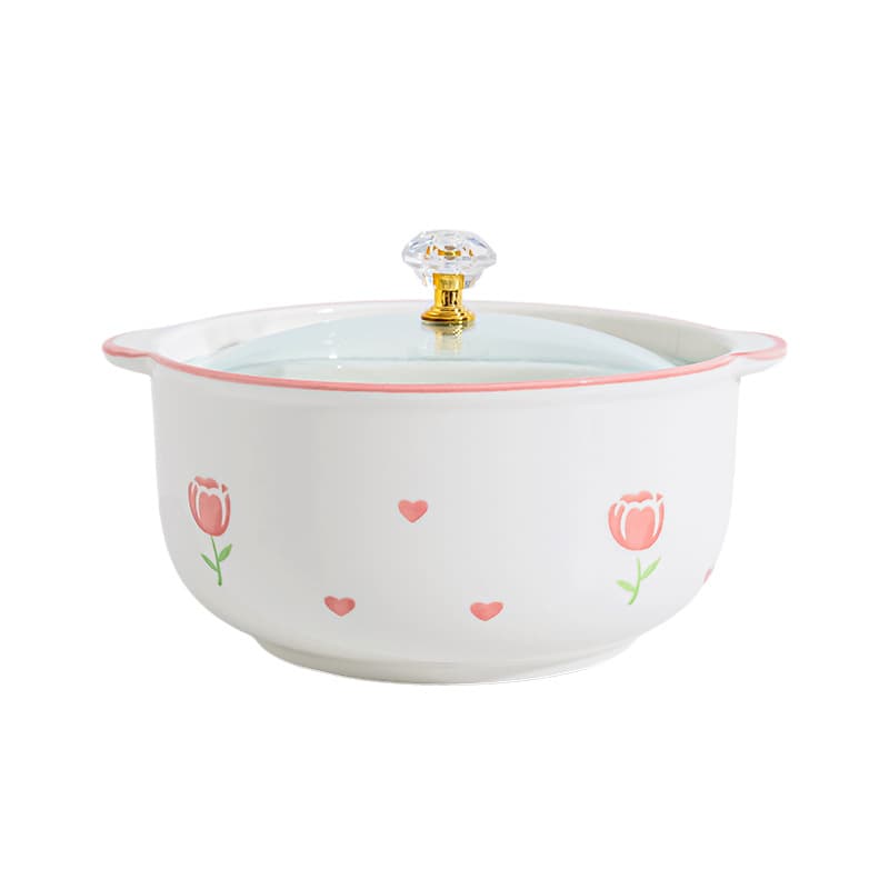 Tulip-shaped double-eared soup bowl, large capacity, glass lid, ceramic soup bowl, ramen bowl, gift box, wholesale, logo printing.