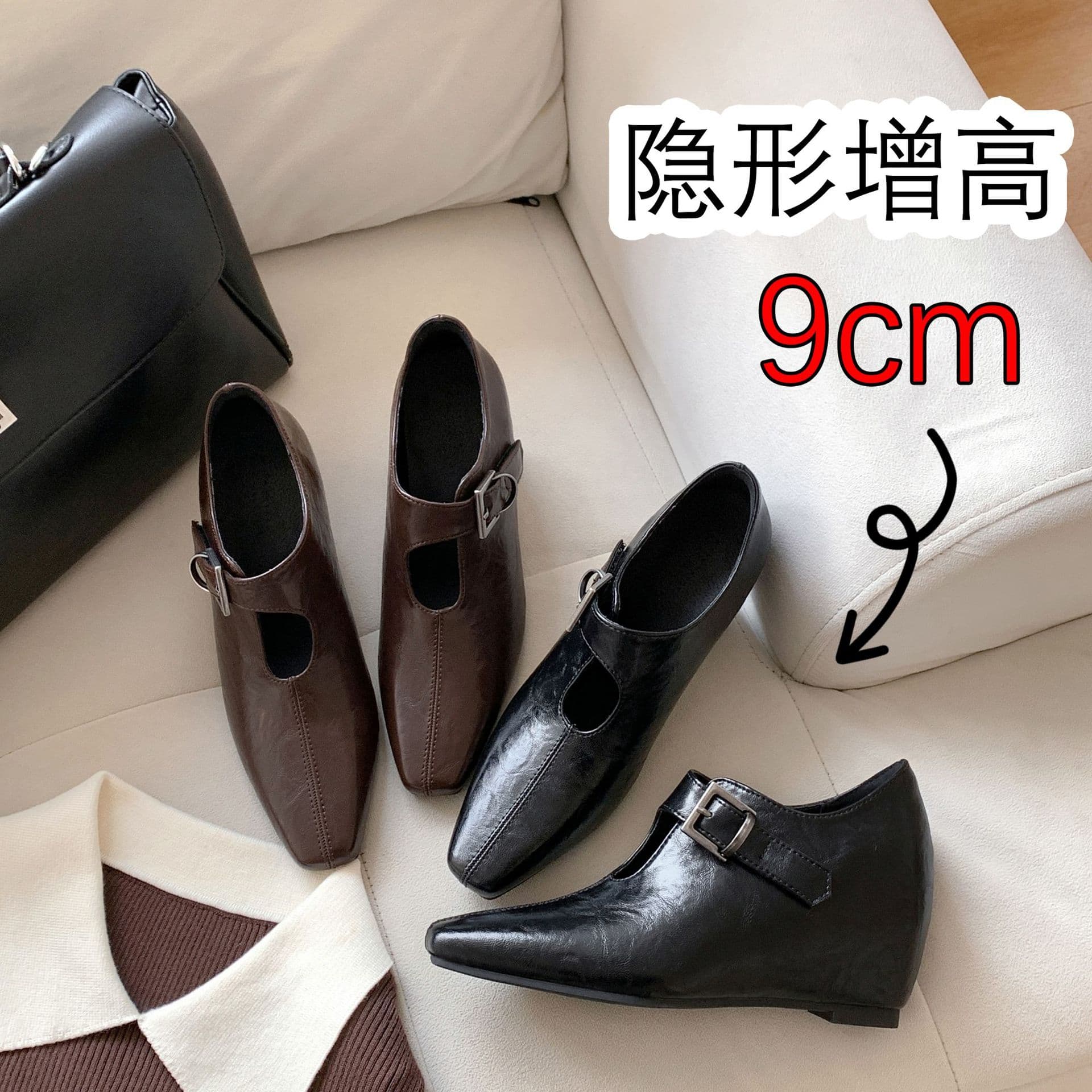Retro petite platform loafers, new spring style, women's British style square toe with buckle, deep mouth.