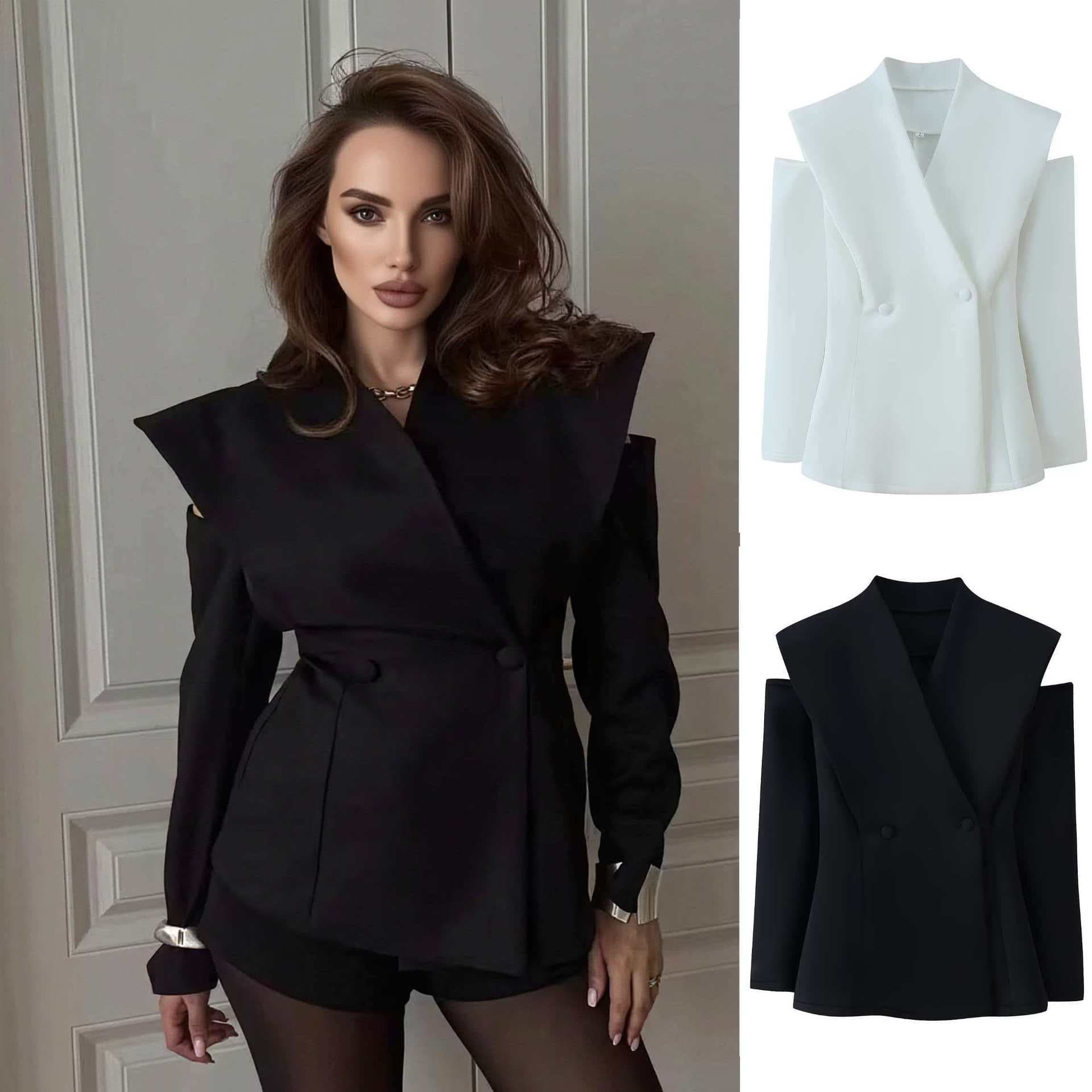 ZA Women's Blazer Fall Office Versatile Black White Off-Shoulder Slim Fit