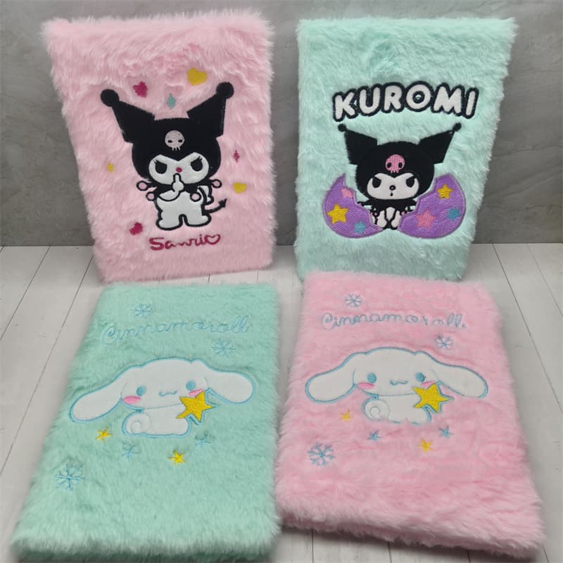 Foreign trade Sanrio Kuromi plush notebook, Cinnamoroll fluffy notebook, Kitty cute cat journal, gift.