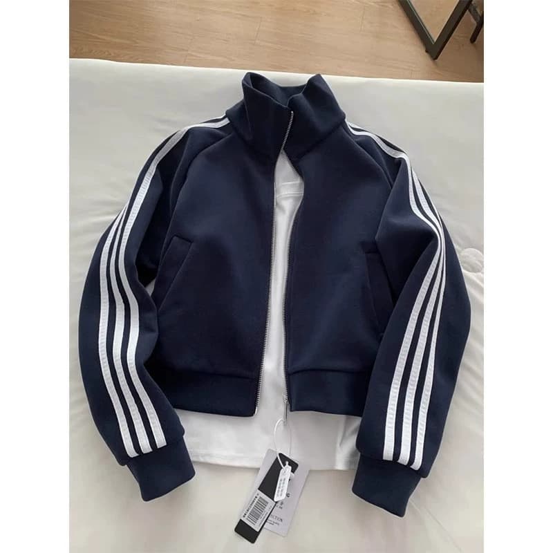 Women's Three-Stripe Jacket, Spring 2026 New Korean Style Sporty Outfit, Stand Collar Casual Loose Sweatshirt Cardigan