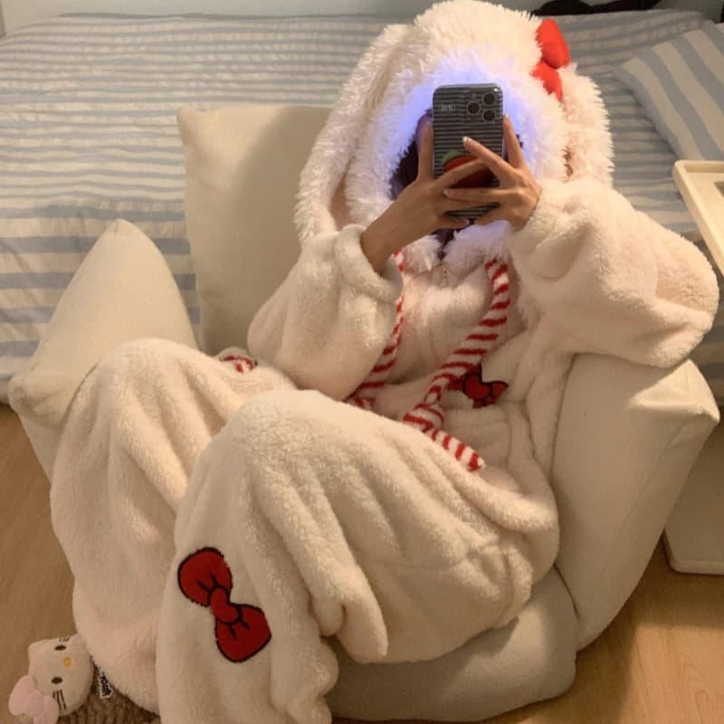 2026 New Autumn Winter Cute Bow Bunny Coral Fleece Onesie Pajamas Women Thickened Homewear