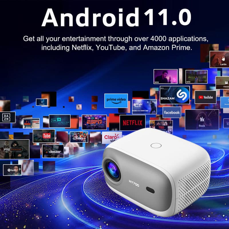 The original manufacturer's HY700 high-definition 250-lumen portable home projector supports Bluetooth, Wi-Fi, and electric focus.