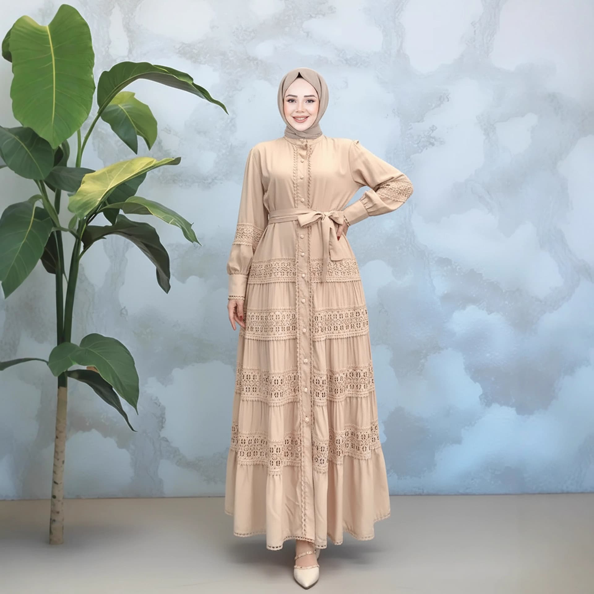 M351# 6 Colors In Stock Source Factory Turkish Women's Dress Lace Patch Stand Collar Waist Cinched Full Skirt Long Dress