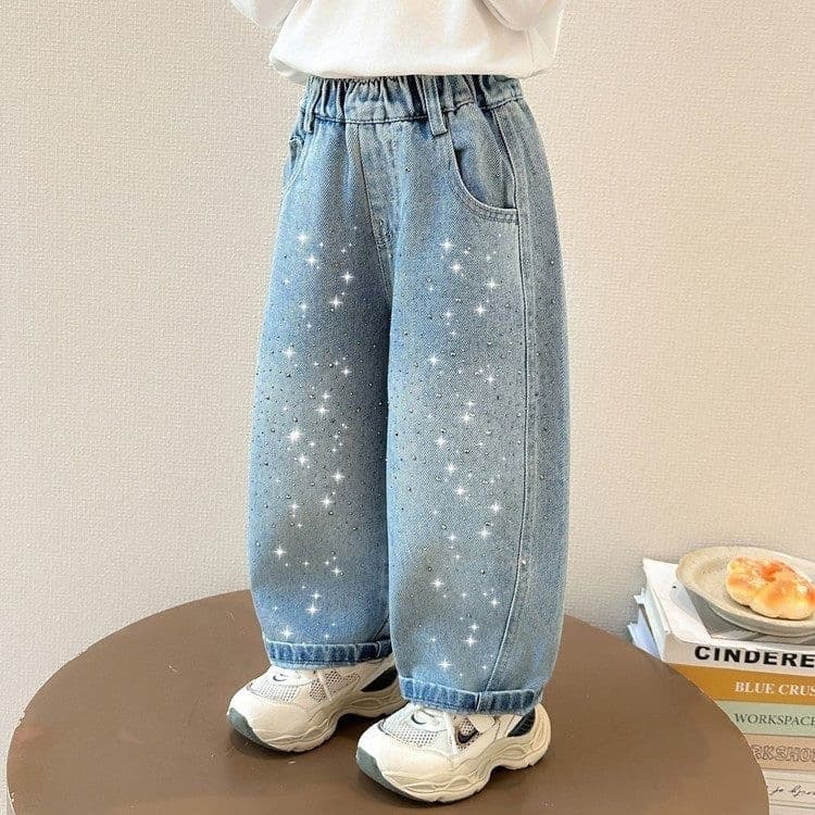 Girls Rhinestone Denim Jeans 2026 Spring Loose Fit Long Pants for Kids
