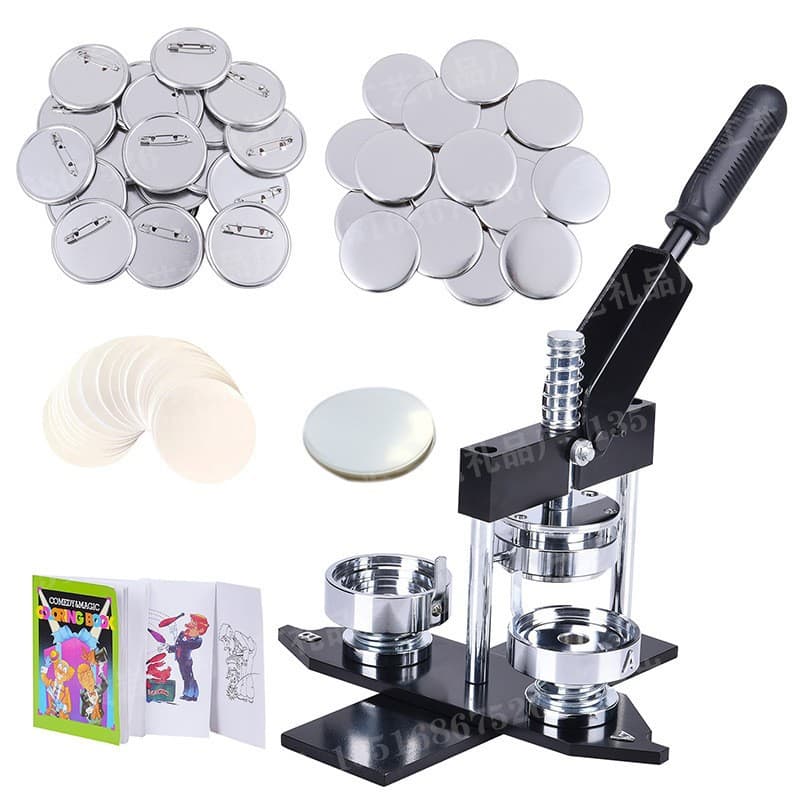 European-style aluminum alloy rotating tinplate pin badge/brooch making machine, round cutter, and card pressing machine set.