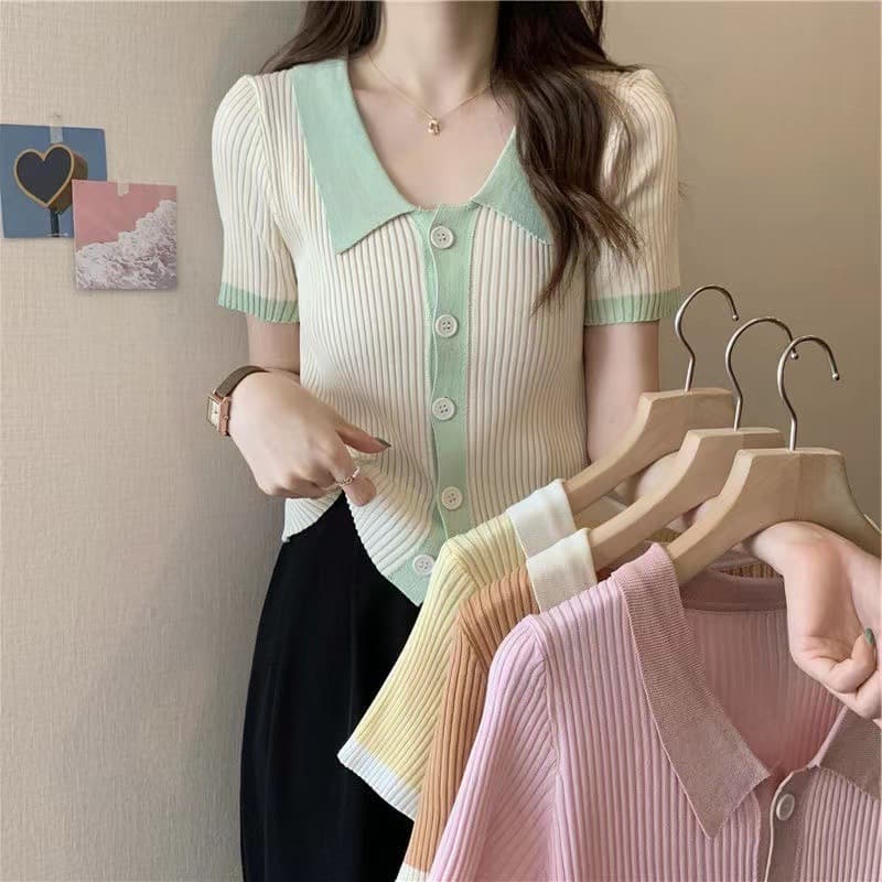 Lapel Single Button Short Sleeve Knit Cardigan Women 2025 Summer Contrast Color Sweet Top