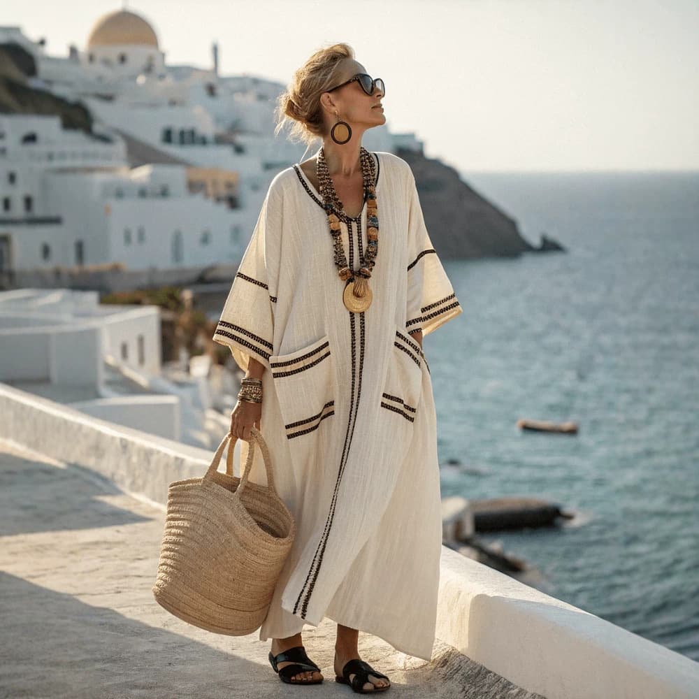 Stretch Linen 3D Digital Print V-Neck Three-Quarter Sleeve Patch Pocket Kaftan