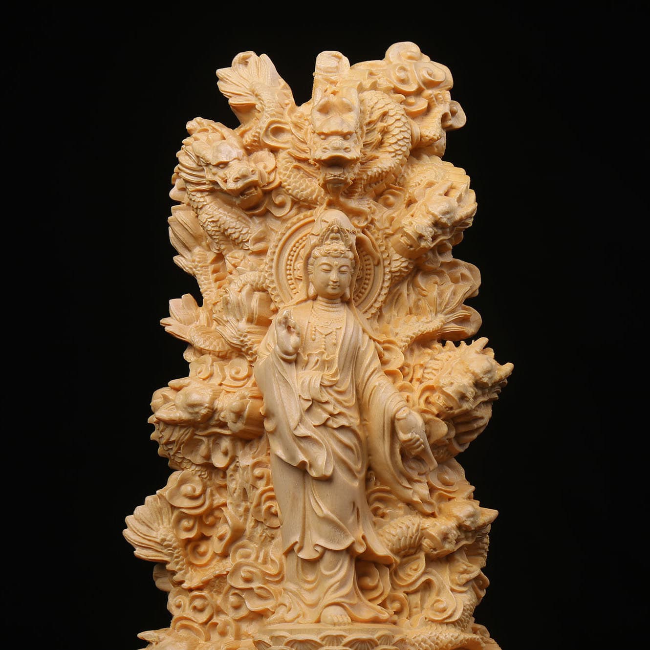 Hinoki Wood Carved Nine Dragons Guanyin Buddha Statue Dragon Bodhisattva Home Temple Red Wood Craft
