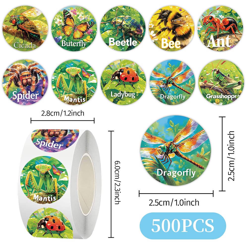 Cross-Border Insect English Sticker Roll Sticker Kidsren's Reward Stationery Decoration Handbook Material Sealing Sticker Film Tape