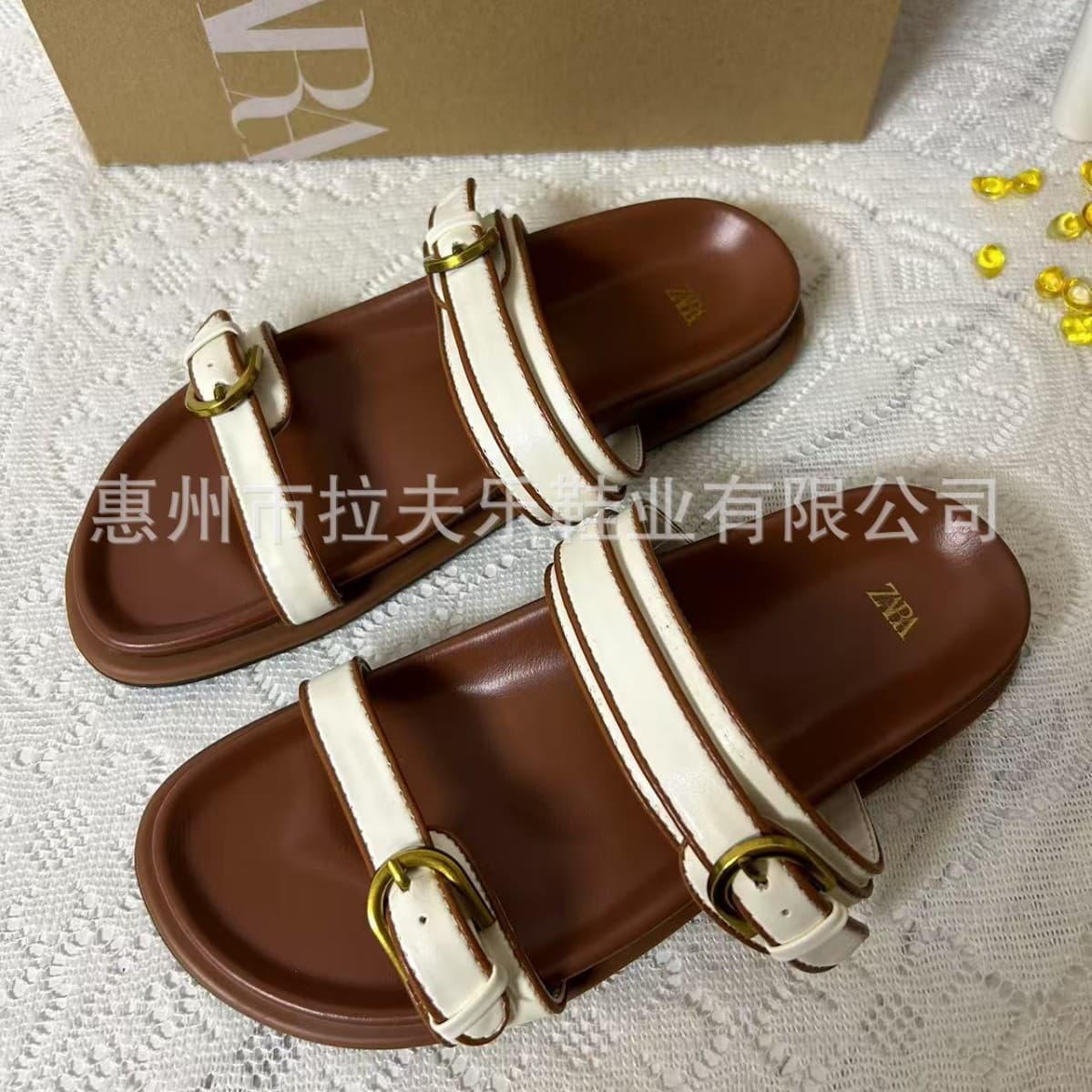 ZA Spain 2025 Summer New Style Casual Sandals, Popular Internet-Famous Flat Sandals for Women, Beige and Brown Leather with Buckle