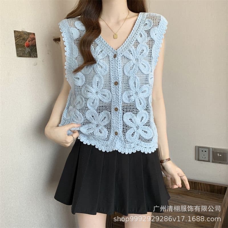 2026 Dopamine Color Scheme Gentle Style Yellow Floral Crochet Bohemian Style Women's Knitted Vest