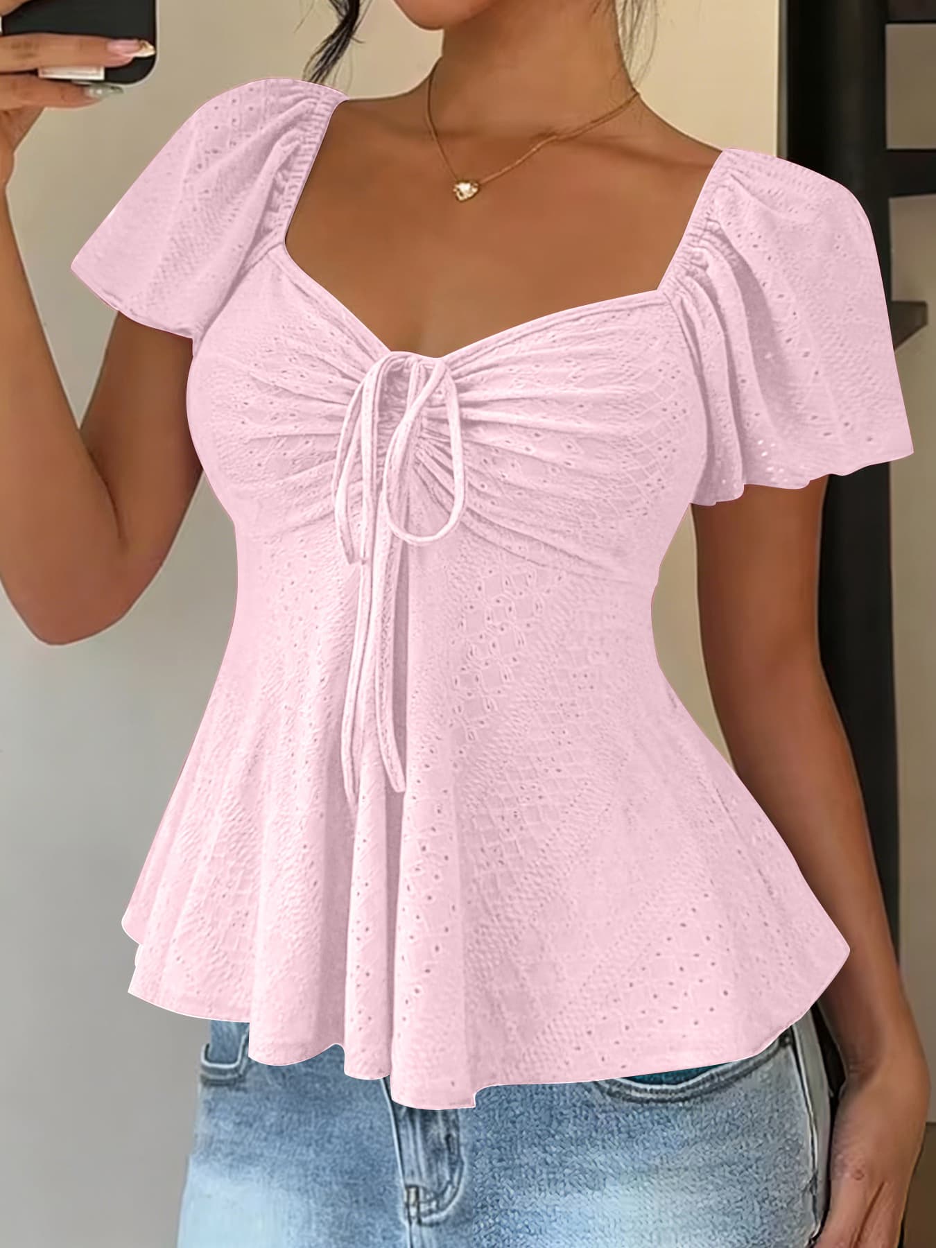 2026 Summer New Amazon TUME European and American Style V-neck Drawstring Sexy Short-sleeved Solid Color T-shirt for Women