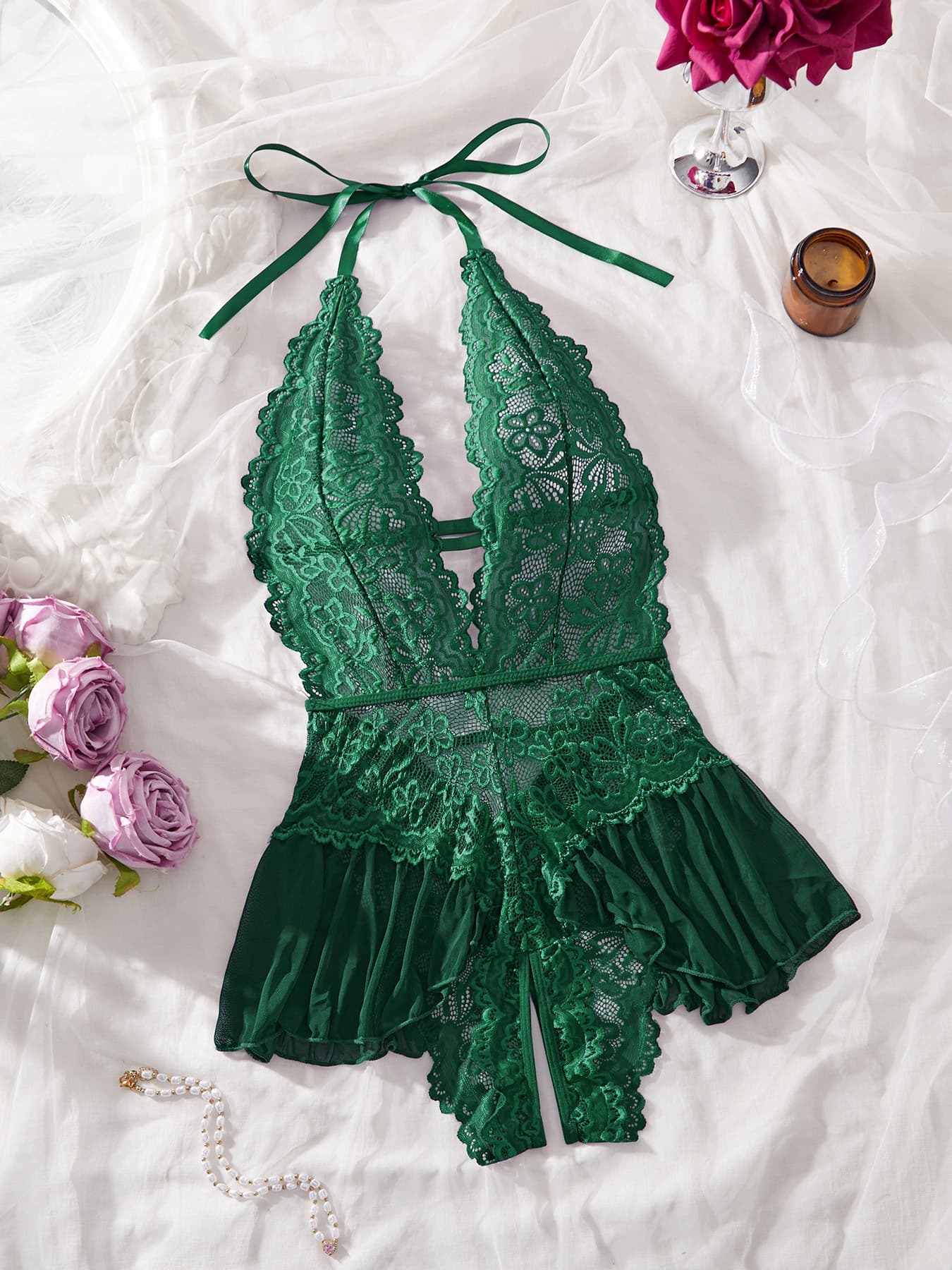 Leopard Print Transparent Lace Lingerie Multi Color Open Crotch Deep V Nightwear